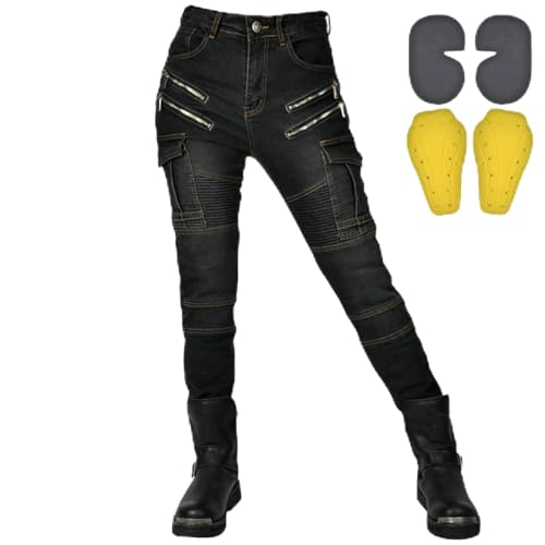 QIYUANT Damen Motorradhose Motorrad Jeans Reiten Schutzhose Denim Reißfester Stretch Vintage Casual Herren Jeanshose mit Abnehmbar Rüstung Protektoren (Schwarz, M) von QIYUANT