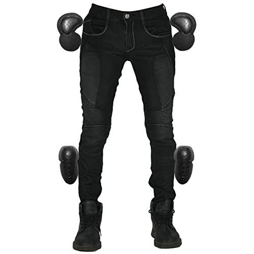 QIYUANT Damen Motorradhose Sommer Motorrad Reiten Schutzhose Denim Jeans Atmungsaktiv Stretch Reißfester Casual Jeanshose mit Abnehmbar Verbesserter Rüstung Knie-Hüftpolster (Schwarz, M) von QIYUANT