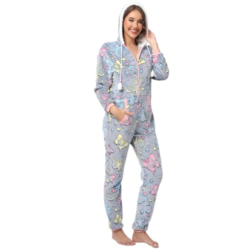 QIYUANT Damen Pyjama Jumpsuit Flanell Overall Erwachsene Einteiler Frühling Winter Herbst Thermo Halloween Weihnachten Nachtwäsche Homewear Onesie Schlafanzug (Grauer Schmetterling, L) von QIYUANT