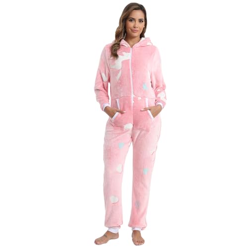 QIYUANT Damen Pyjama Jumpsuit Flanell Overall Erwachsene Einteiler Frühling Winter Herbst Thermo Halloween Weihnachten Nachtwäsche Homewear Onesie Schlafanzug (Rosa Liebe Pferd, S) von QIYUANT