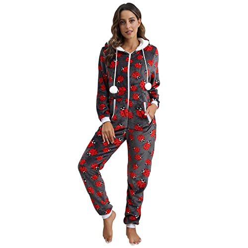 QIYUANT Damen Pyjama Jumpsuit Reißverschluss Flanell Overall Einteiler Frühling Winter Herbst Gemütlich Nachtwäsche Homewear Onesie Strampelanzug Schlafanzug Hellgrauer Pinguin-Fallschirm XXL von QIYUANT