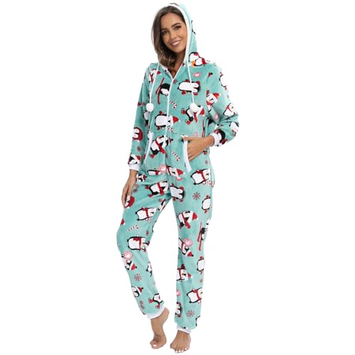 QIYUANT Damen Pyjama Jumpsuit Reißverschluss Flanell Overall Erwachsene Einteiler Frühling Winter Herbst Gemütlich Thermo Nachtwäsche Homewear Onesie Strampelanzug Schlafanzug Grüner Pinguin L von QIYUANT