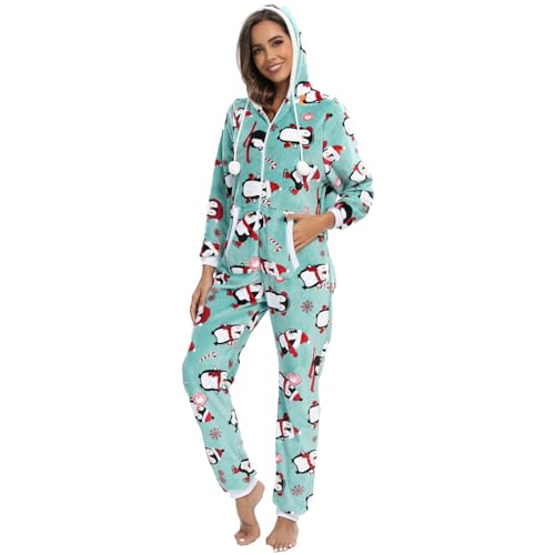 QIYUANT Damen Pyjama Jumpsuit Reißverschluss Flanell Overall Erwachsene Einteiler Frühling Winter Herbst Gemütlich Thermo Nachtwäsche Homewear Onesie Strampelanzug Schlafanzug Grüner Pinguin S von QIYUANT