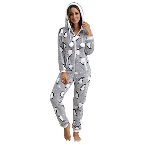 QIYUANT Damen Pyjama Jumpsuit Reißverschluss Flanell Overall Erwachsene Einteiler Frühling Winter Herbst Gemütlich Thermo Nachtwäsche Homewear Onesie Strampelanzug Schlafanzug Hellgrauer Pinguin XL von QIYUANT