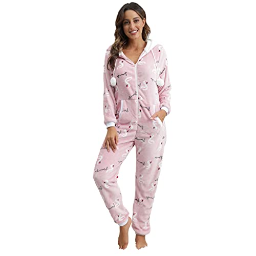 QIYUANT Damen Pyjama Jumpsuit Reißverschluss Flanell Overall Erwachsene Einteiler Frühling Winter Herbst Gemütlich Thermo Nachtwäsche Homewear Onesie Strampelanzug Schlafanzug Rosa M von QIYUANT