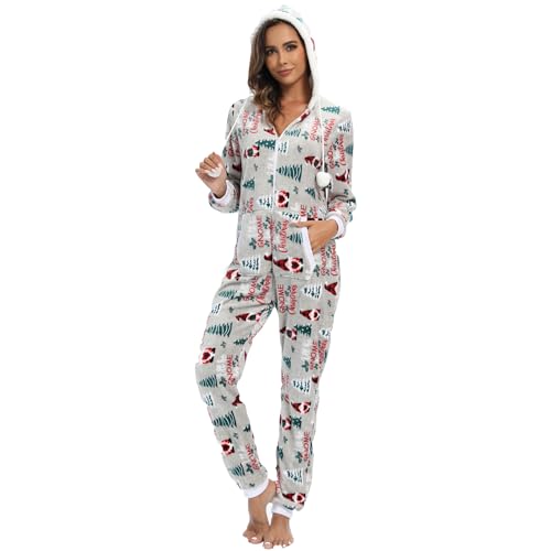 QIYUANT Damen Pyjama Jumpsuit Reißverschluss Flanell Overall Erwachsene Einteiler Frühling Winter Herbst Gemütlich Thermo Nachtwäsche Homewear Onesie Strampelanzug Schlafanzug Weihnachtszwerg L von QIYUANT