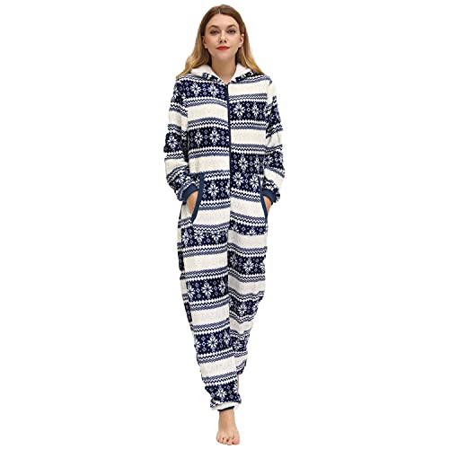 QIYUANT Damen Pyjama Jumpsuit Reißverschluss Flanell Overall Erwachsene Einteiler Frühling Winter Herbst Gemütlich Thermo Strampelanzug Nachtwäsche Homewear Onesie Schlafanzug Blau/Schneeflocke S von QIYUANT