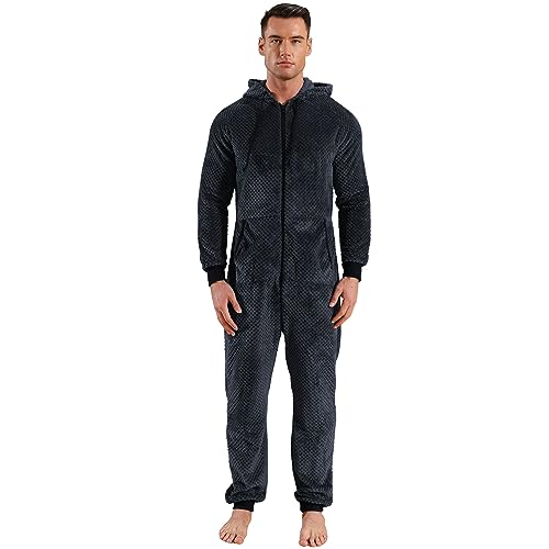 QIYUANT Herren Jumpsuit Onesie Fleece Overall Pyjama Langarm Hoodies Schlafanzug Einteiler Winter Thermo Strampelanzug Homewear Schlafoverall Nachtwäsche Blaues Gitter XL von QIYUANT