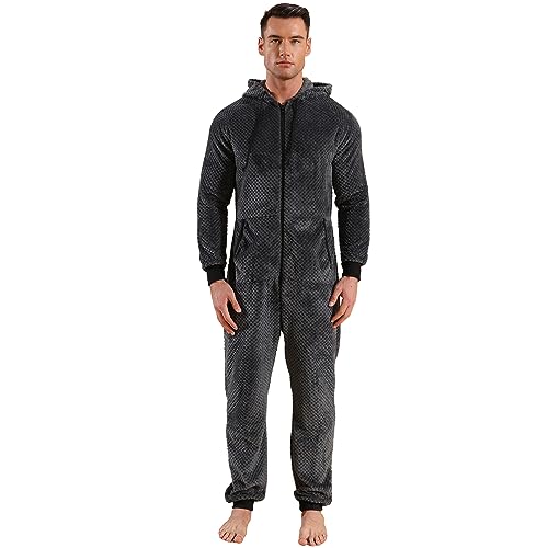 QIYUANT Herren Jumpsuit Onesie Fleece Overall Pyjama Langarm Hoodies Schlafanzug Einteiler Winter Thermo Strampelanzug Homewear Schlafoverall Nachtwäsche Graues Gitter M von QIYUANT