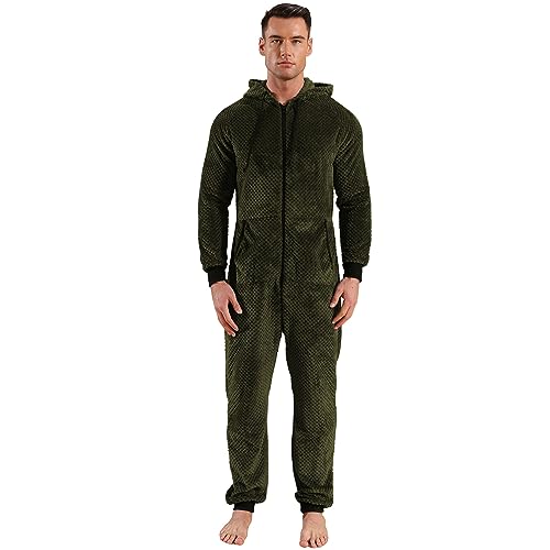 QIYUANT Herren Jumpsuit Onesie Fleece Overall Pyjama Langarm Hoodies Schlafanzug Einteiler Winter Thermo Strampelanzug Homewear Schlafoverall Nachtwäsche Grünes Gitter XL von QIYUANT