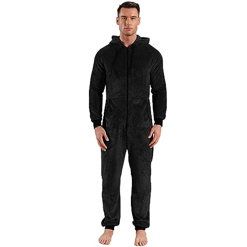 QIYUANT Herren Jumpsuit Onesie Fleece Overall Pyjama Langarm Hoodies Schlafanzug Einteiler Winter Thermo Strampelanzug Homewear Schlafoverall Nachtwäsche Schwarzes Gitter XL von QIYUANT