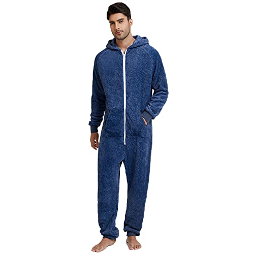 QIYUANT Herren Jumpsuit Onesie Korallen Fleece Overall Pyjama Langarm Hoodies Schlafanzug Einteiler Winter Thermo Strampelanzug Homewear Schlafoverall Nachtwäsche Blau XXL von QIYUANT