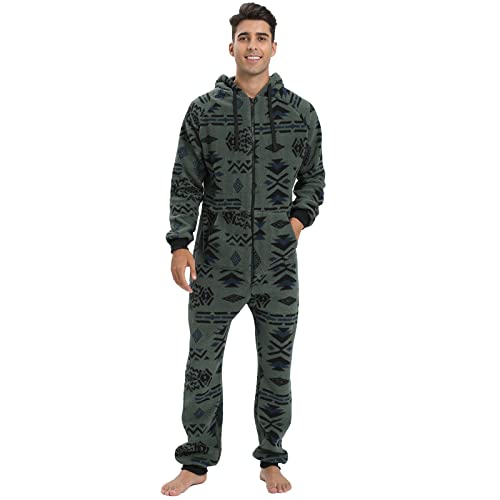 QIYUANT Herren Jumpsuit Onesie Korallen Fleece Overall Pyjama Langarm Hoodies Schlafanzug Einteiler Winter Thermo Strampelanzug Homewear Schlafoverall Nachtwäsche Dunkelgrün M von QIYUANT