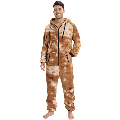 QIYUANT Herren Jumpsuit Onesie Korallen Fleece Overall Pyjama Langarm Hoodies Schlafanzug Einteiler Winter Thermo Strampelanzug Homewear Schlafoverall Nachtwäsche Gelbe Krawattenfarbe XXL von QIYUANT