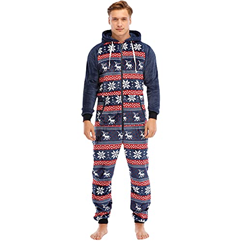 QIYUANT Herren Jumpsuit Onesie Weihnachten Sanft Flanell Fleece Overall Pyjama Langarm Hoodies Schlafanzug Einteiler Winter Thermo Homewear Strampelanzug Schlafoverall Nachtwäsche Blau L von QIYUANT