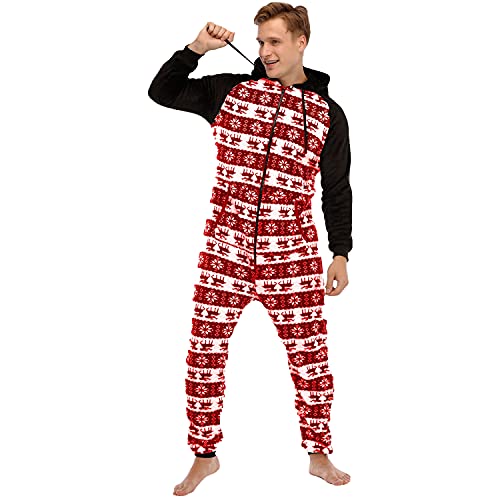 QIYUANT Herren Jumpsuit Onesie Weihnachten Sanft Flanell Fleece Overall Pyjama Langarm Hoodies Schlafanzug Einteiler Winter Thermo Homewear Strampelanzug Schlafoverall Nachtwäsche Rot XXL von QIYUANT