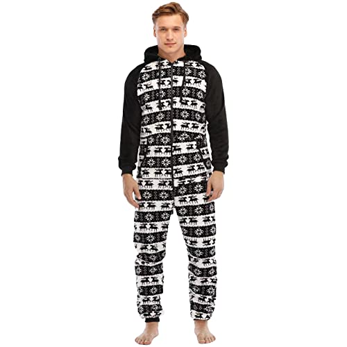 QIYUANT Herren Jumpsuit Onesie Weihnachten Sanft Flanell Fleece Overall Pyjama Langarm Hoodies Schlafanzug Einteiler Winter Thermo Homewear Strampelanzug Schlafoverall Nachtwäsche Schwarz XL von QIYUANT