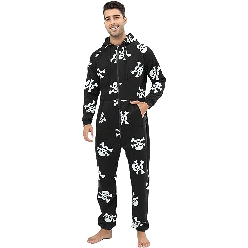 QIYUANT Herren Jumpsuit Pyjama mit Kapuze Warmer Thickened Innen Gebürstet Sanft Schlafanzug Einteiler Overall Herbst Winter Jogging Nachtwäsche Homewear Schlafanzug (Schwarzer, Weißer Totenkopf, XL) von QIYUANT