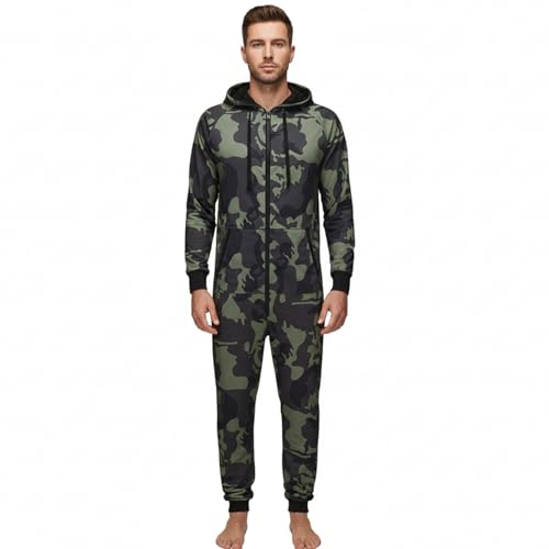 QIYUANT Herren Jumpsuit Pyjama mit Kapuze Warmer Verdickt Französischer Frottier-Fleece-Futter Sanft Schlafanzug Einteiler Overall Nachtwäsche Homewear Schlafanzug (Camouflage Grün, M) von QIYUANT
