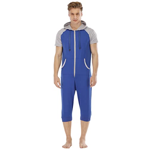 QIYUANT Herren Kurz Jumpsuit Onesie Sommer Overall Pyjama Hoodie Jogginganzug Männer T-Shirt Kurze Hose Schlafanzug Einteiler Sommerjumpsuit Schlafoverall Nachtwäsche (Blau, Grau, XL) von QIYUANT