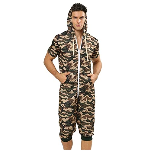 QIYUANT Herren Kurz Jumpsuit Onesie Sommer Overall Pyjama Hoodie Jogginganzug Männer T-Shirt Kurze Hose Schlafanzug Einteiler Sommerjumpsuit Schlafoverall Nachtwäsche (Camo, L) von QIYUANT