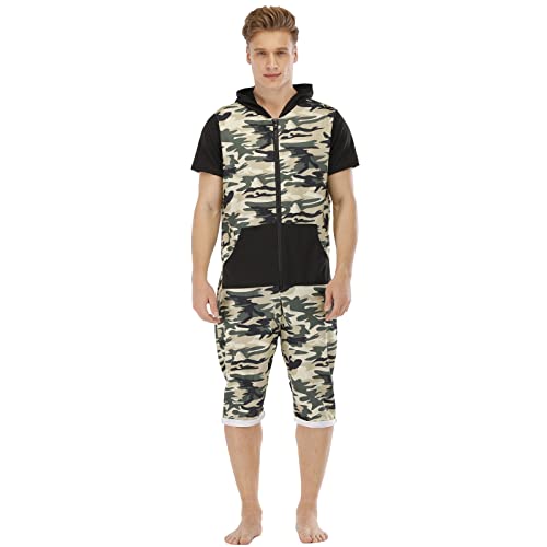 QIYUANT Herren Kurz Jumpsuit Onesie Sommer Overall Pyjama Hoodie Jogginganzug Männer T-Shirt Kurze Hose Schlafanzug Einteiler Sommerjumpsuit Schlafoverall Nachtwäsche (Camo, Schwarz, XXL) von QIYUANT