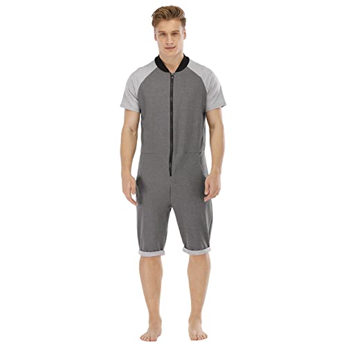 QIYUANT Herren Kurz Jumpsuit Onesie Sommer Overall Pyjama Hoodie Jogginganzug Männer T-Shirt Kurze Hose Schlafanzug Einteiler Sommerjumpsuit Schlafoverall Nachtwäsche (Dunkelgrau, Hellgrau, M) von QIYUANT