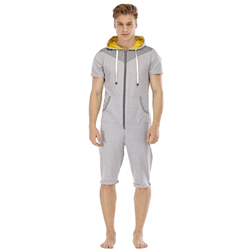 QIYUANT Herren Kurz Jumpsuit Onesie Sommer Overall Pyjama Hoodie Jogginganzug Männer T-Shirt Kurze Hose Schlafanzug Einteiler Sommerjumpsuit Schlafoverall Nachtwäsche (Grau, Gelb, L) von QIYUANT