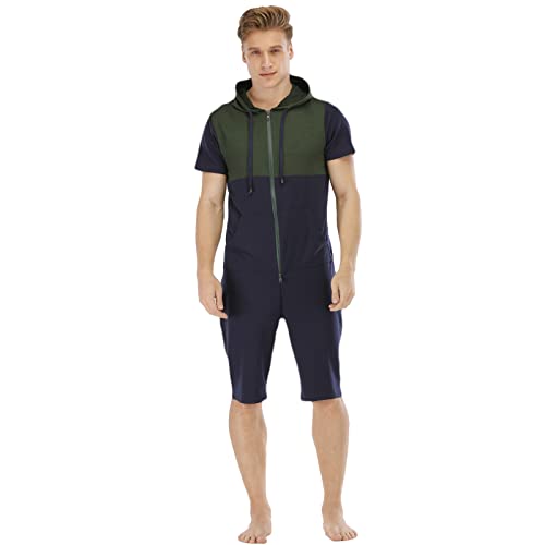 QIYUANT Herren Kurz Jumpsuit Onesie Sommer Overall Pyjama Hoodie Jogginganzug Männer T-Shirt Kurze Hose Schlafanzug Einteiler Sommerjumpsuit Schlafoverall Nachtwäsche (Grün, Blau, M) von QIYUANT