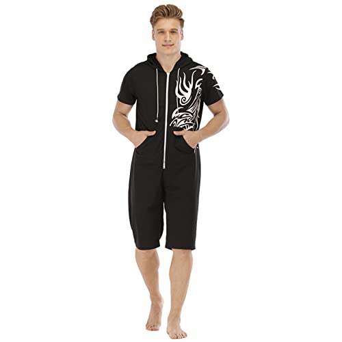 QIYUANT Herren Kurz Jumpsuit Onesie Sommer Overall Pyjama Hoodie Jogginganzug Männer T-Shirt Kurze Hose Schlafanzug Einteiler Sommerjumpsuit Schlafoverall Nachtwäsche (Schwarz, Totem, L) von QIYUANT