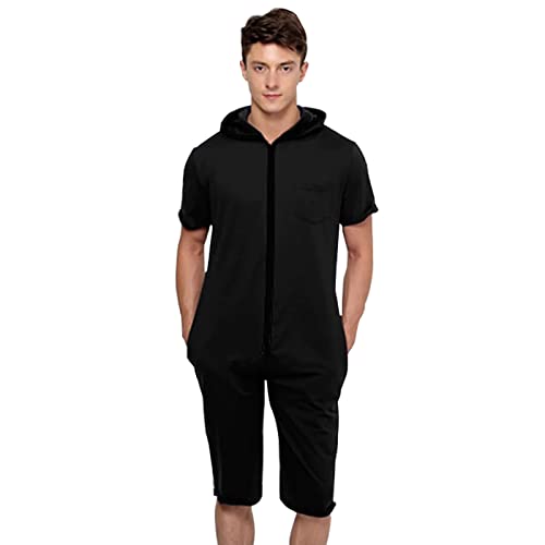 QIYUANT Herren Kurz Jumpsuit Onesie Sommer Overall Pyjama Hoodie Jogginganzug Männer T-Shirt Kurze Hose Schlafanzug Einteiler Sommerjumpsuit Schlafoverall Nachtwäsche (Schwarz, XL) von QIYUANT