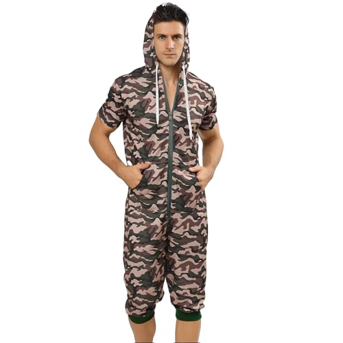 QIYUANT Herren Kurz Jumpsuit Onesie Sommer Overall Pyjama Hoodie Jogginganzug Männer T-Shirt Kurze Hose Schlafanzug Einteiler Sommerjumpsuit Schlafoverall Sportanzug Nachtwäsche (Camo, M) von QIYUANT