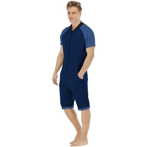 QIYUANT Herren Kurz Jumpsuit Onesie Sommer Overall Pyjama Jogginganzug Männer T-Shirt Kurze Hose Schlafanzug Einteiler Sommerjumpsuit Schlafoverall Sportanzug Nachtwäsche (Dunkelblau, Hellblau, L) von QIYUANT
