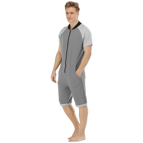 QIYUANT Herren Kurz Jumpsuit Onesie Sommer Overall Pyjama Jogginganzug Männer T-Shirt Kurze Hose Schlafanzug Einteiler Sommerjumpsuit Schlafoverall Sportanzug Nachtwäsche (Dunkelgrau, Hellgrau, L) von QIYUANT