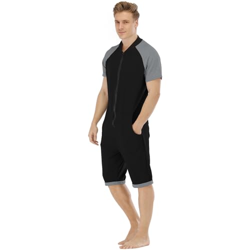 QIYUANT Herren Kurz Jumpsuit Onesie Sommer Overall Pyjama Jogginganzug Männer T-Shirt Kurze Hose Schlafanzug Einteiler Sommerjumpsuit Schlafoverall Sportanzug Nachtwäsche (Schwarz, Dunkelgrau, XL) von QIYUANT