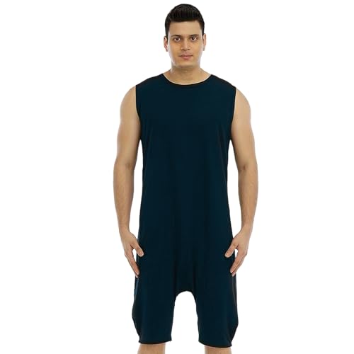QIYUANT Herren Kurz Jumpsuit Onesie Sommer mit Reißverschluss Unten Ärmellos Overall Pyjama Männer Strampler Bodysuits Erwachsene Kurze Hose Schlafanzug Schlafoverall Nachtwäsche (Marineblau, L) von QIYUANT