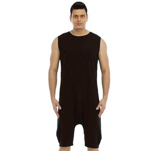 QIYUANT Herren Kurz Jumpsuit Onesie Sommer mit Reißverschluss Unten Ärmellos Overall Pyjama Männer Strampler Bodysuits Erwachsene Kurze Hose Schlafanzug Schlafoverall Nachtwäsche (Schwarz, XXL) von QIYUANT