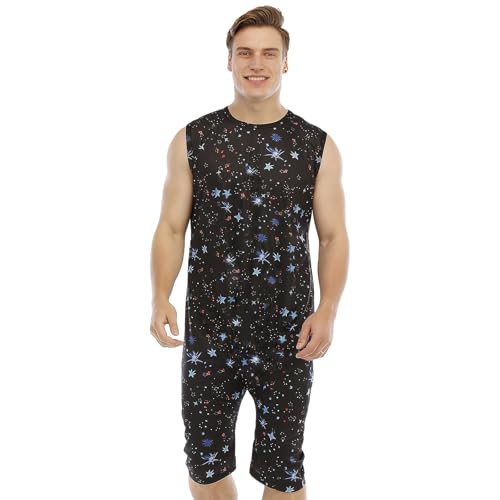 QIYUANT Herren Kurz Jumpsuit Onesie Sommer mit Reißverschluss Unten Ärmellos Overall Pyjama Männer Strampler Bodysuits Erwachsene Kurze Hose Schlafanzug Schlafoverall Nachtwäsche (Sternenhimmel, XL) von QIYUANT