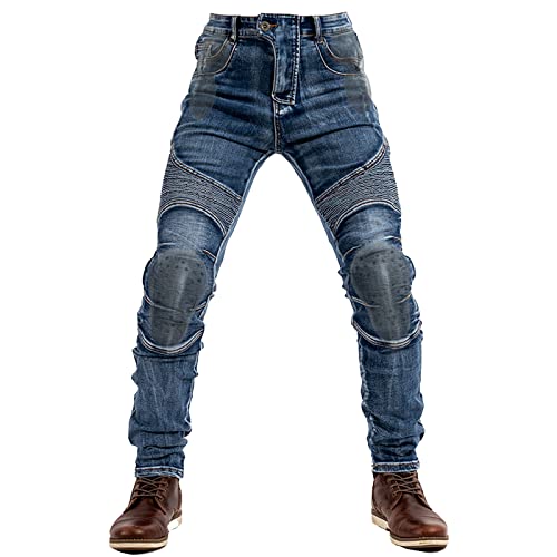 QIYUANT Herren Motorradhose Kevlar Motorrad Jeans Reiten Schutzhose Denim Reißfester Stretch Vintage Jeanshose mit Abnehmbar Rüstung Knie-Hüftpolster (Blau, XL) von QIYUANT