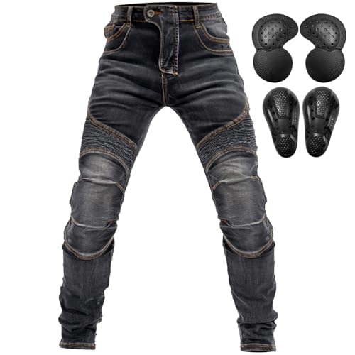 QIYUANT Herren Motorradhose Motorrad Reiten Schutzhose Denim Jeans Reißfester Stretch Vintage Jeanshose mit Abnehmbar Rüstung Knie-Hüftpolster (Schwarz, 3XL) von QIYUANT