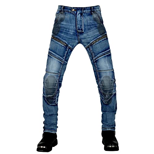 QIYUANT Herren Motorradhose Kevlar Motorrad Jeans Reiten Schutzhose Denim Stretch Reißfester Vintage Casual Jeanshose mit Abnehmbar Verbesserter Rüstung Knie-Hüftpolster (Blau, 4XL) von QIYUANT