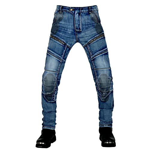 QIYUANT Herren Motorradhose Kevlar Motorrad Jeans Reiten Schutzhose Denim Stretch Reißfester Vintage Casual Jeanshose mit Abnehmbar Verbesserter Rüstung Knie-Hüftpolster (Blau, L) von QIYUANT