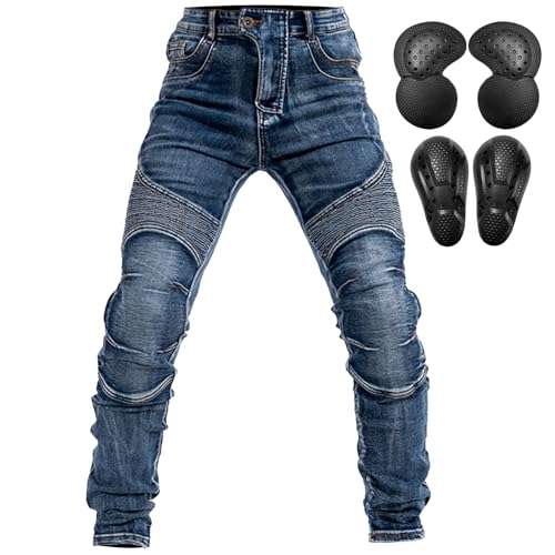 QIYUANT Herren Motorradhose Motorrad Reiten Schutzhose Denim Jeans Reißfester Stretch Vintage Jeanshose mit Abnehmbar Rüstung Knie-Hüftpolster (Blau, 3XL) von QIYUANT