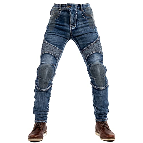 QIYUANT Herren Motorradhose Kevlar Motorrad Jeans Reiten Schutzhose Denim Reißfester Stretch Vintage Jeanshose mit Abnehmbar Rüstung Knie-Hüftpolster (Blau, XXL) von QIYUANT