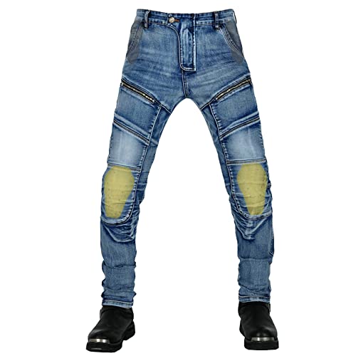 QIYUANT Herren Motorradhose Kevlar Motorrad Reiten Schutzhose Denim Jeans Stretch Reißfester Vintage Jeanshose mit Abnehmbar Rüstung Knie-Hüftpolster (Blau, 3XL) von QIYUANT