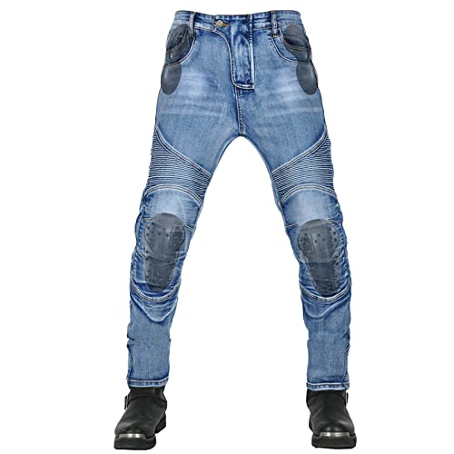 QIYUANT Herren Motorradhose Kevlar Motorrad Reiten Schutzhose Denim Jeans Stretch Reißfester Vintage Jeanshose mit Abnehmbar Verbesserter Rüstung Knie-Hüftpolster (Blau, L) von QIYUANT