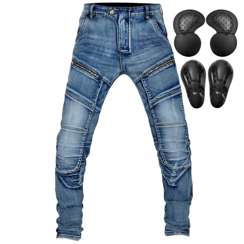 QIYUANT Herren Motorradhose Motorrad Jeans Reiten Schutzhose Denim Stretch Reißfester Vintage Casual Jeanshose mit Abnehmbar Verbesserter Rüstung Knie-Hüftpolster (Blau, 3XL) von QIYUANT