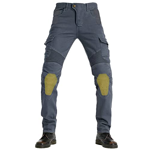 QIYUANT Herren Motorradhose Motorrad Jeans Reiten Schutzhose Denim Stretch Reißfester Vintage Jeanshose mit Abnehmbar Rüstung Knie-Hüftpolster (Grau, L) von QIYUANT