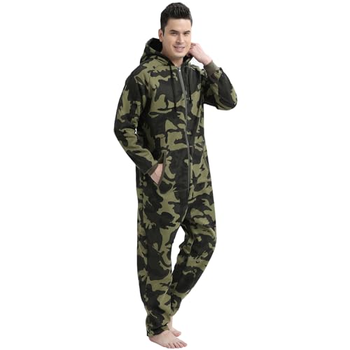 QIYUANT Herren Pyjama Jumpsuit Fleece Futter Reißverschluss Overall Erwachsene Einteiler Winter Herbst Strampelanzug Thermo Gemütlich Homewear Schlafanzug (Camouflage, XL) von QIYUANT