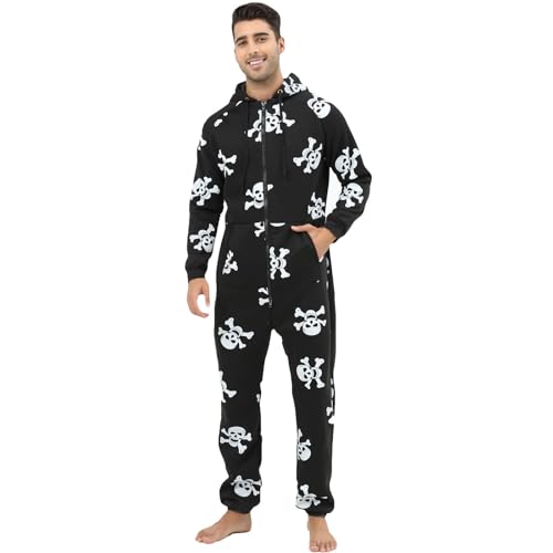 QIYUANT Herren Pyjama Jumpsuit Fleece Futter Reißverschluss Overall Erwachsene Einteiler Winter Herbst Strampelanzug Thermo Gemütlich Homewear Schlafanzug (Schwarzer, Weißer Totenkopf, XL) von QIYUANT